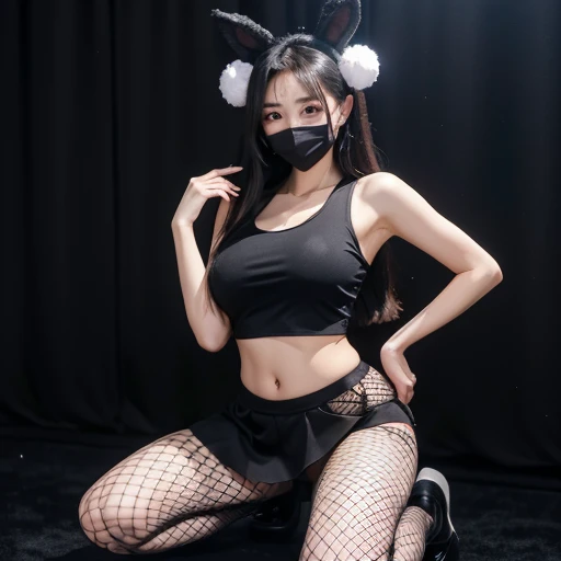 Multiple  Very beautiful cute Hong kong female at anime con 2024 wearing fishnet stocking up to the waist and very short black skirt where you can see the whole butt to the waist and a thin small tight blue fishnet crop top showing under boob , wearing fak...