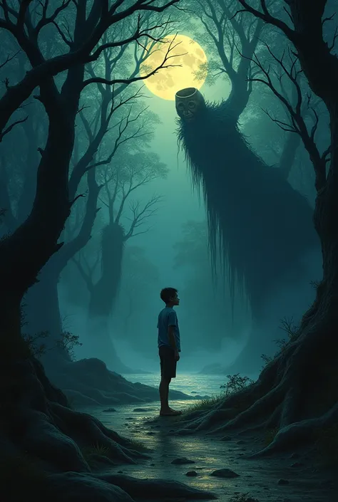 (photorealism:1.2),A dreamlike sequence where a brazilian teenage boy, around , t is surrounded by swirling shadows and faint whispers. A eerie figure resembling a man with a large wooden bowl instead of a head is approaching him, its hollow head reflectin...