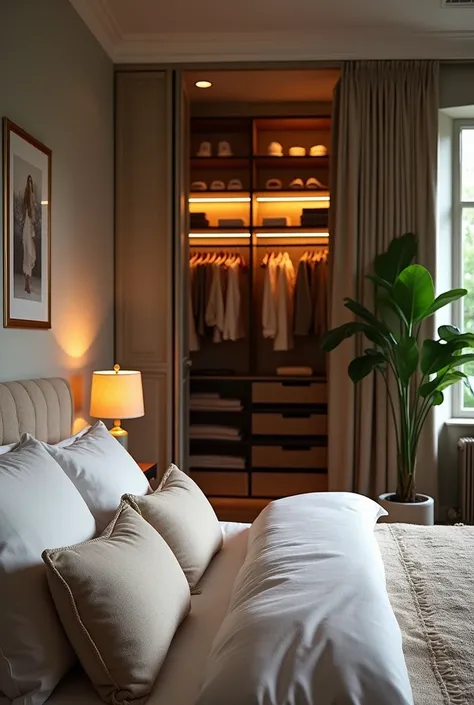 Chambre avec dressing derriere le lit en tête de lit 
