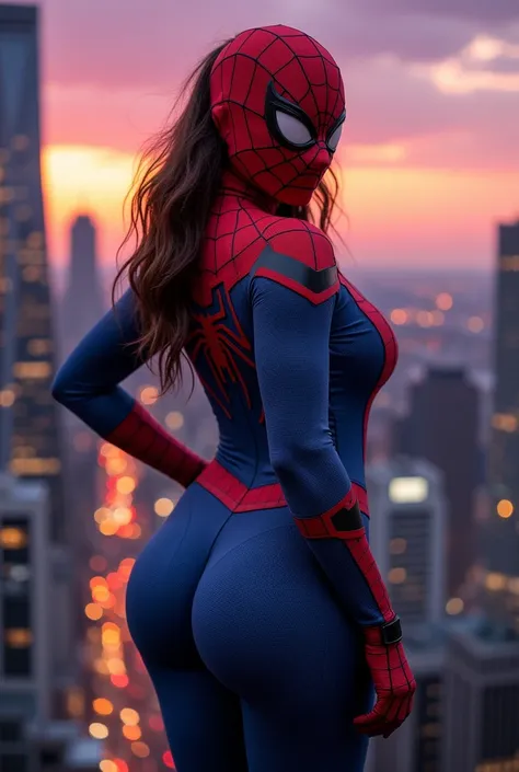 woman, very very thin waist, very very thick thighs, big huge butt, spider man outfit, spider man mask, full body, big belly