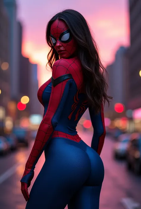 woman, very very thin waist, very very thick thighs, big huge butt, spider man outfit, spider man mask, full body, big belly