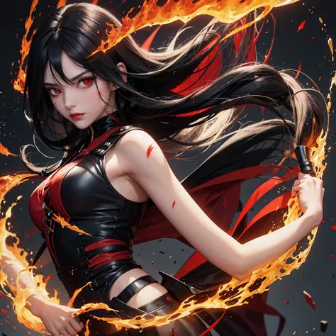 1girl, black hair, red eyes, fire witch, revenge, blood, light particles, light rays, colorful, toned mild colors