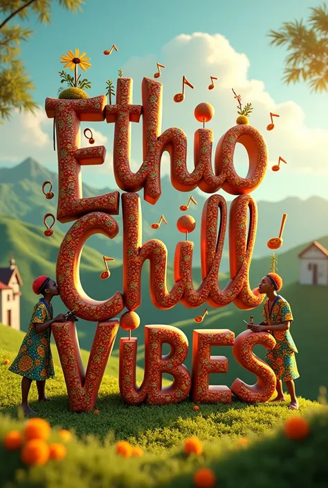 3d text of Ethio Chill Vibes with music notes and Ethiopian traditions 