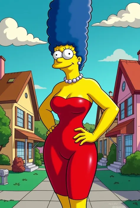 Marge Simpson with large breasts and in a sexy, tight red dress