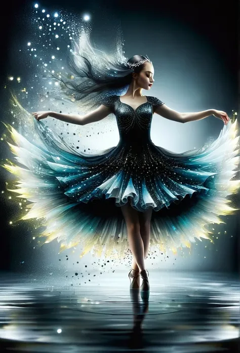 Fairy dancer, illuminated dress,completely black scenery and water mirror floor 