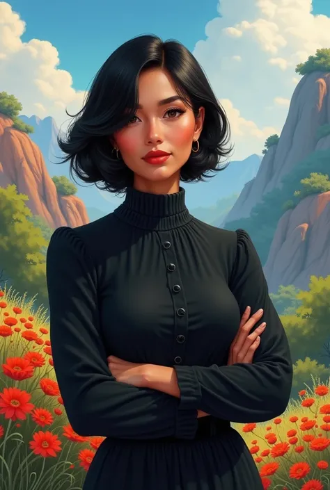 Simple Latina woman in her 50s, Her hair is short and black, your eyes are brown, Her skin is white, Her expression is serious and kind, Her clothes are in shades of black, Digital illustration of video game characters