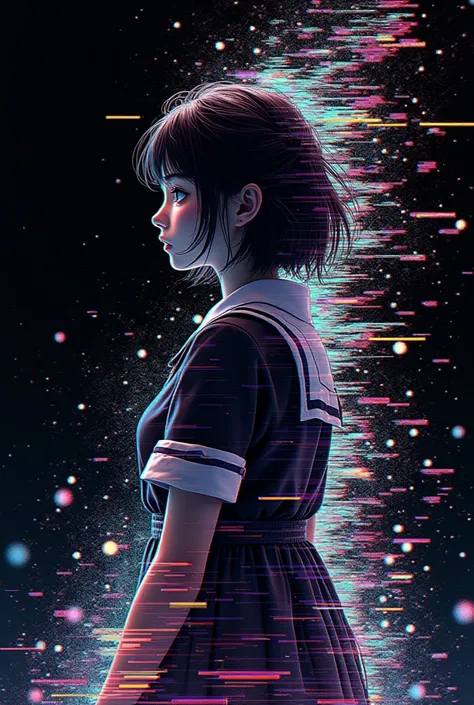 Glitch art movie poster, [sideways facing Japanese school girl] in the center, dark background, glitch colors in the style of strong glitch effect, striped many graphic defects, very detailed, stunning image