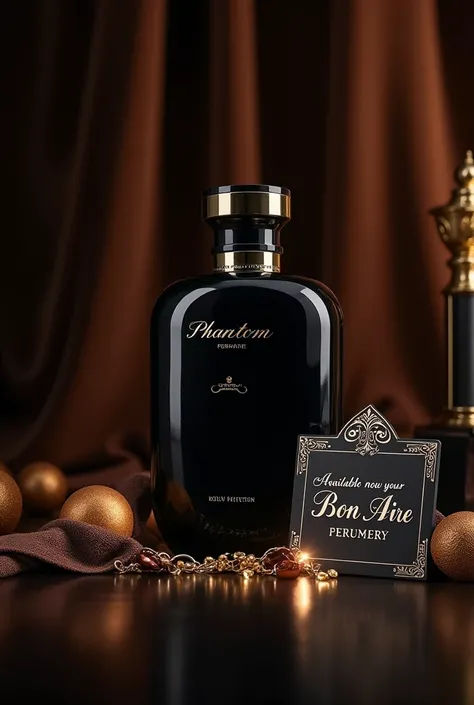 Promotional image of black Phantom Perfume with a sign saying "Available now at your Bon Aire perfumery"