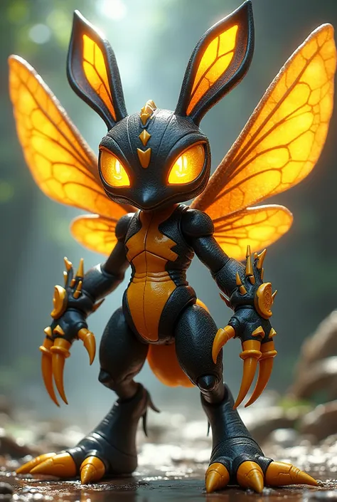 A anime style digimon creature.
 Appearance: a chimera , half bunny half man half bumblebee.  With big  wings, Big gold insect eyes. Two Big stingers for hands and wearing a  biological exoskeleton made from honey combs.
 Style : cel shaded , 3d , anime, F...