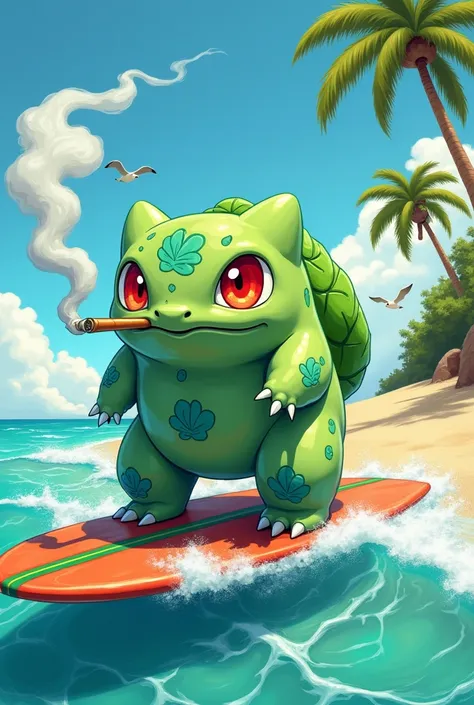 Bulbasau smoking a cigarette while riding a surfboard made out of a Marihuana leaf