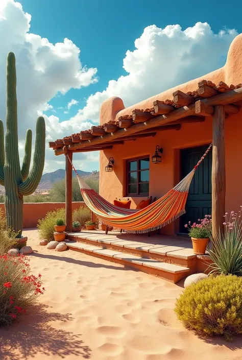 Adobe house with a hammock on the porch
