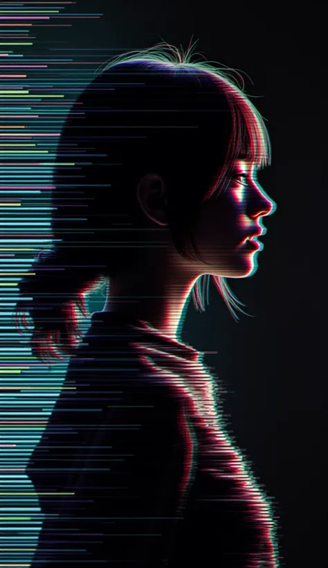 Glitch art movie poster, [sideways facing Japanese school girl] in the center, dark background, glitch colors in the style of strong glitch effect, striped many graphic defects, very detailed, stunning image