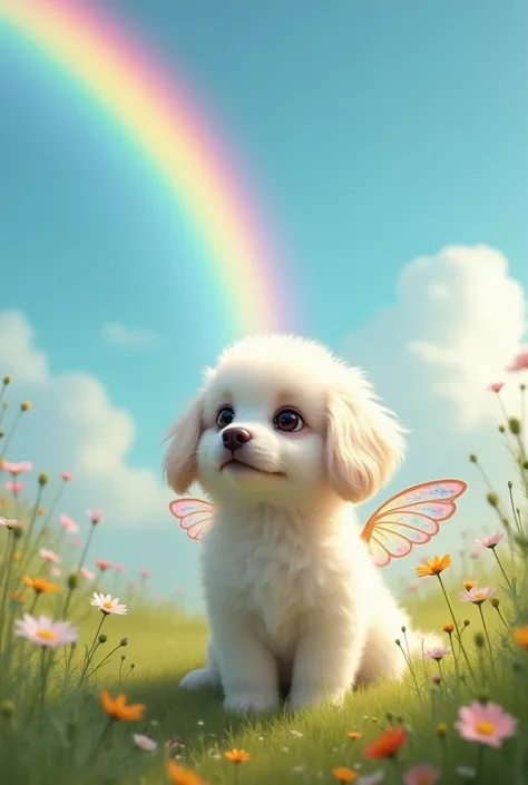 White puppy with wings looking at rainbow 