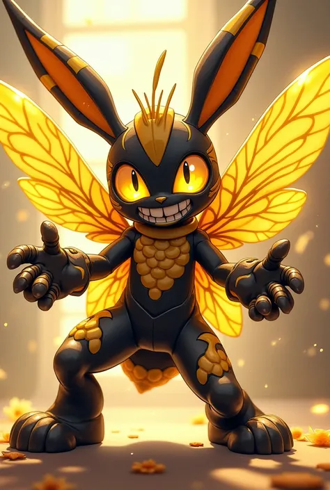 A anime style digimon creature.
 Appearance: a chimera , half bunny half man half bumblebee.  With big  wings, Big gold insect eyes. Two Big stingers for hands and wearing a  biological exoskeleton made from honey combs.
 Style : cel shaded , 3d , anime, F...