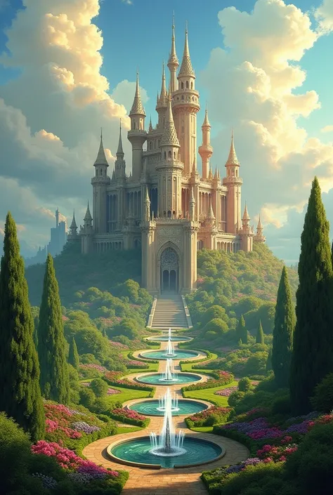 A grand palace surrounded by a lush green landscape, representing the kingdom of Gaud. The palace has beautiful architecture, with tall spires and intricate designs. The scene exudes a sense of royalty and prosperity."