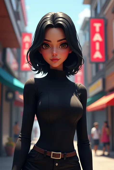 Simple Latina woman in her 50s, Her hair is shoulder-length and black., your eyes are brown, Her skin is white, Her expression is serious and kind, Her clothes are in shades of black, Digital illustration of video game characters