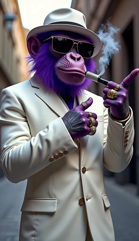 Purple Ape, wearing a white gangster suit with chains, a hat and glasses, tattooed, with huge diamond and gold rings, smoking with a pipe, pointing with his fingers to the right