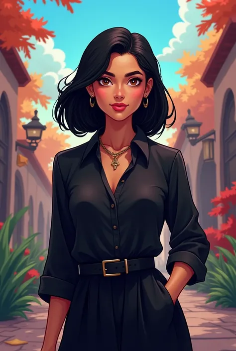 Simple Latina woman in her 50s, Her hair is shoulder-length and black., your eyes are brown, Her skin is white, Her expression is serious and kind, Her clothes are in shades of black, Digital illustration of video game characters