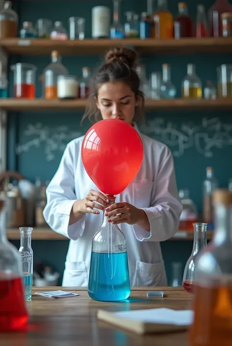 A balloon covering the mouth of a plastic bottle but without a string, but the opening of the balloon where it is inflated is covering the mouth of the bottle and a scientist holding it