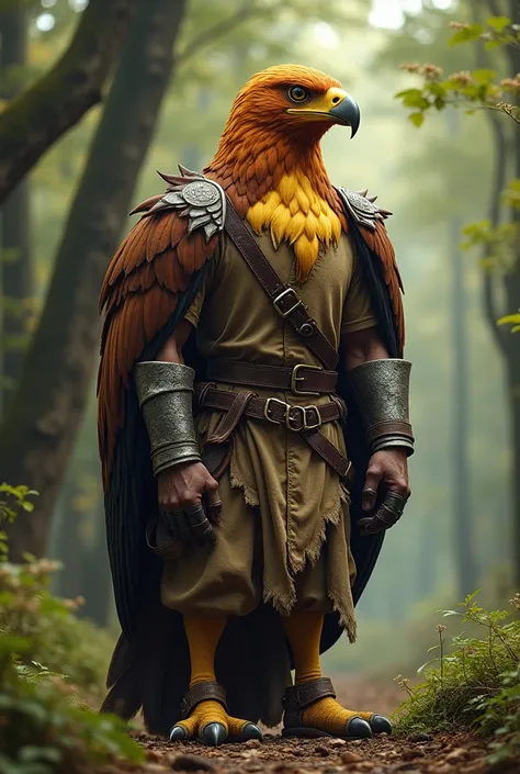 Humanoid eagle with human arms and legs, legs with eagle claws, wearing common medieval attire , caracara head