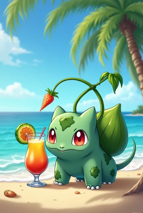 Bulbasaur injecting himself with a needle, he is getting a vaccine. He is also drinking a cocktail at the same time 