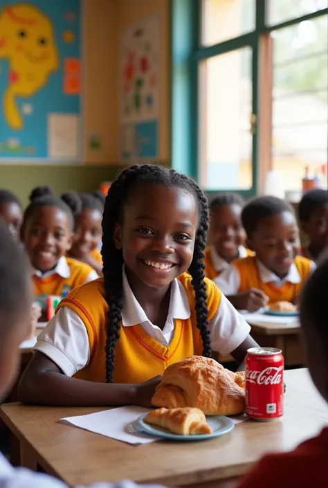 africaine a une table avec un croisant et coca cola dans une salle de classe