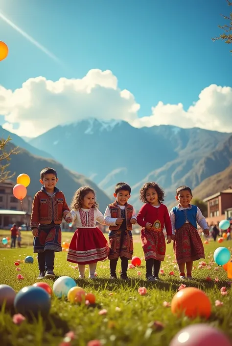 Create a festive image celebrating Día del Niño in Peru. Show joyful Peruvian children playing in a vibrant outdoor setting, surrounded by colorful balloons, traditional Peruvian toys, and decorations. Include elements like traditional clothing, a piñata, ...