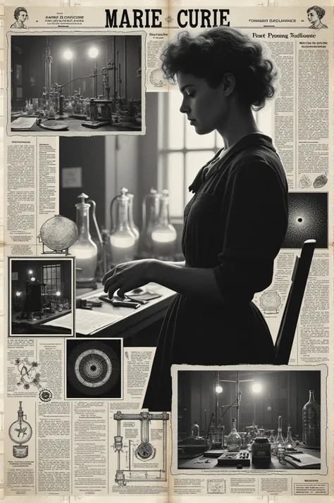 A black and white collage newspaper about Marie Curie 