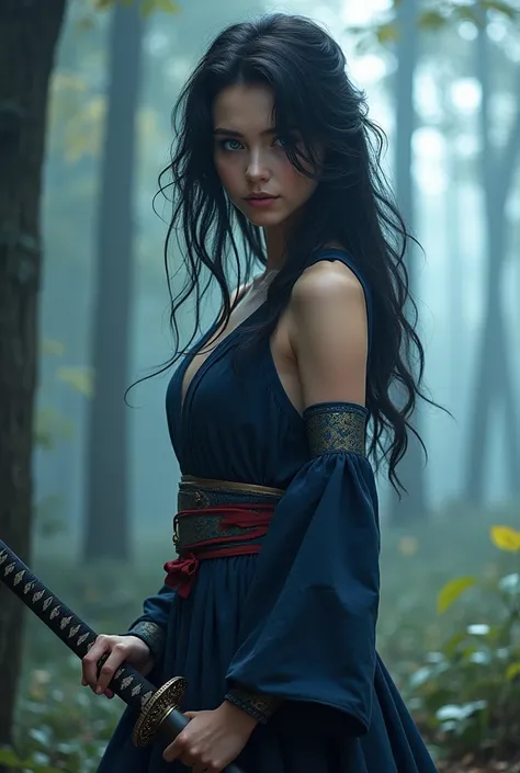 Girl with black blue eyes and dark wavy hair at the ends and snow-white skin, toned body with a Demon Slayer theme 