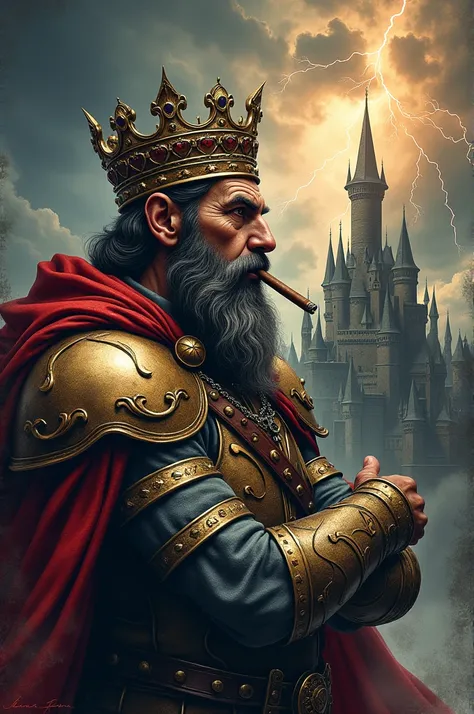 Tattoo of a king smoking a cigar and watching his castle being destroyed by lightning and thunderbolts