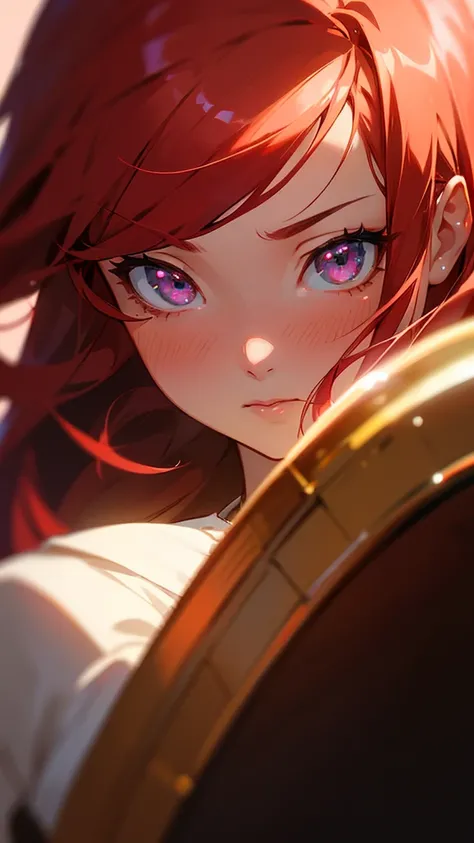 1 girl, star eye, blush, perfect lighting, Red hair, Eyes red, engine unreal, side lighting, face detailed, bangss, shining skin, simple background, darkness background