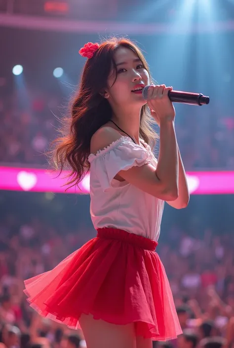 Beautiful Japanese girl, idol estilo love live, singing for his fans at the stadium