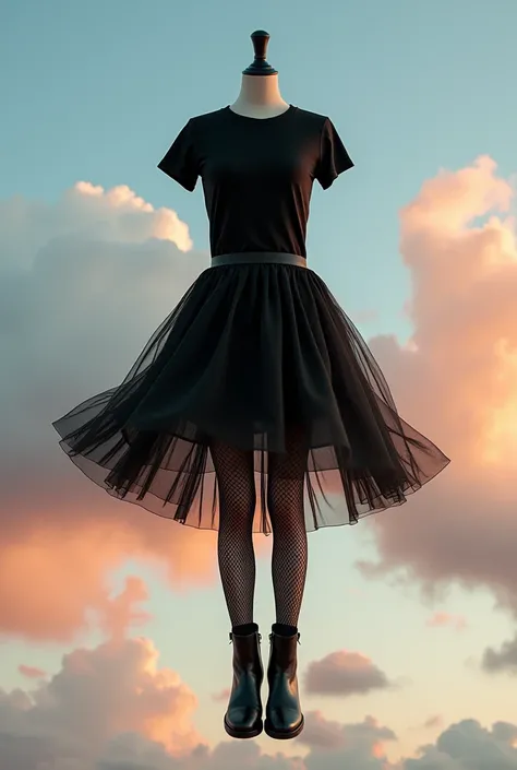 Floating set of clothes(black leather boots, black skirt, black fishnet stockings, black t-shirt)