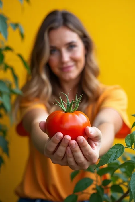 Most detailed, Highest quality, In 8K, Perfect appearance, plus size Woman growing tomatoes in the garden, , Ripe tomatoes, yellow background.