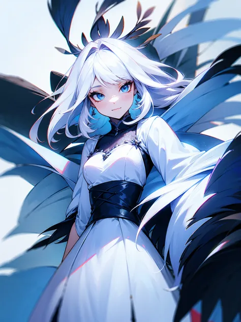 1female, feathered hair, dress, white hair,