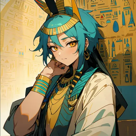 1 boy, Turquoise hair, orange eyes, Arabian style, handsome, 15 years old kid, orange eye liner, soft smile closing eyes, ancient Arabic clothes, Arabian nights, ((((Egyptian style)))), solo