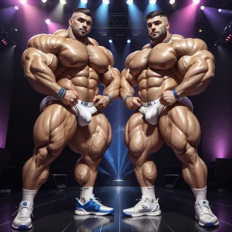 full body view, in a gay nightclub, two average 45 yo white european very queer and hyper gay over-muscular bodybuilded fag men with hype clean shaved undercut haircuts, in very quuer gay sexy clubwear outfits, dozens of glittering rings, bracelets, neckla...