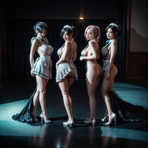 (Full Body of Extremely Detailed((Sexy Maid Group in a row:1.37))), KAWAII perfect face, Reflective Eyes, Detailed(Delicate Clothing textures), Correct Leg Line, Dynamic Joyful Expressions LifeLike Rendering, Specular Reflection, TopQuality 8K Ultra-detail...