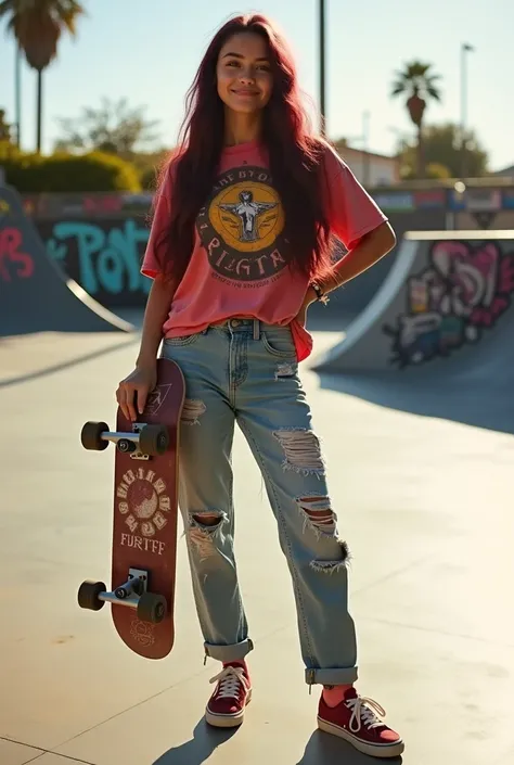 Woman with long hair, eyes browns, maroon hair, Shes holding a skateboard, Shes wearing skateboarder clothes, She is smiling.