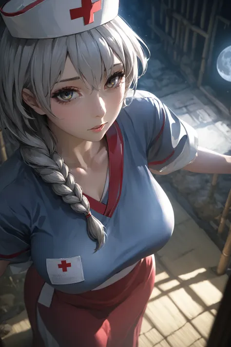 (masterpiece, best quality:1.3), (from above:1.3), Yagokoro Eirin, Touhou Series, perfect face, expressive eyes, 1woman, looking at viewer, 38 years old, gorgeous body, big breast, beautiful, anime, lora,1woman, silver hair, braid hair, nurse cap, red and ...