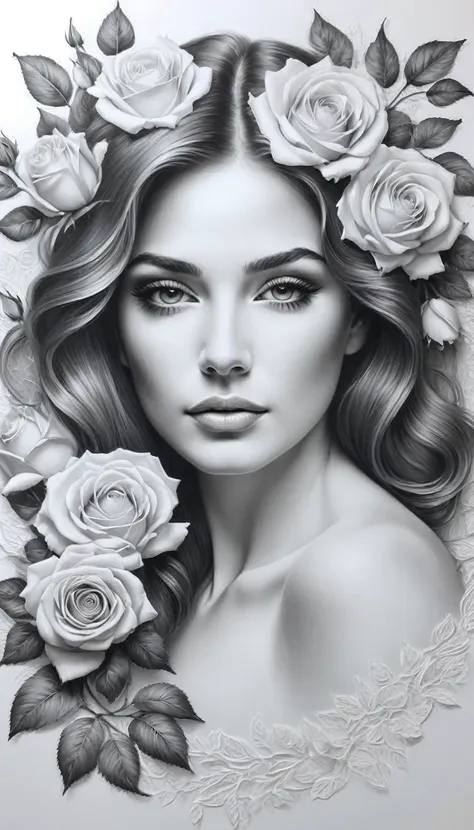 on a sheet of crisp, white paper, a beautiful woman is being meticulously drawn. her face, framed by delicate roses, radiates gr...