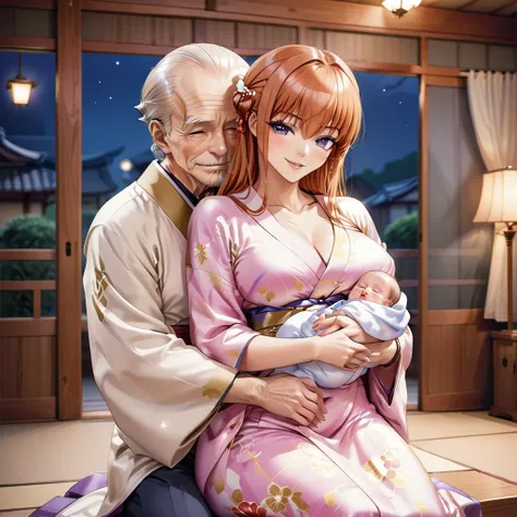 ((The woman is leaning against an old man, holding a baby.))、((Highest quality)), ((masterpiece)), (detailed), （Perfect Face）、The woman is Maya Cordelia, with medium-long orange hair, a gorgeous and glittering kimono, her hair tied in a Japanese style, and...