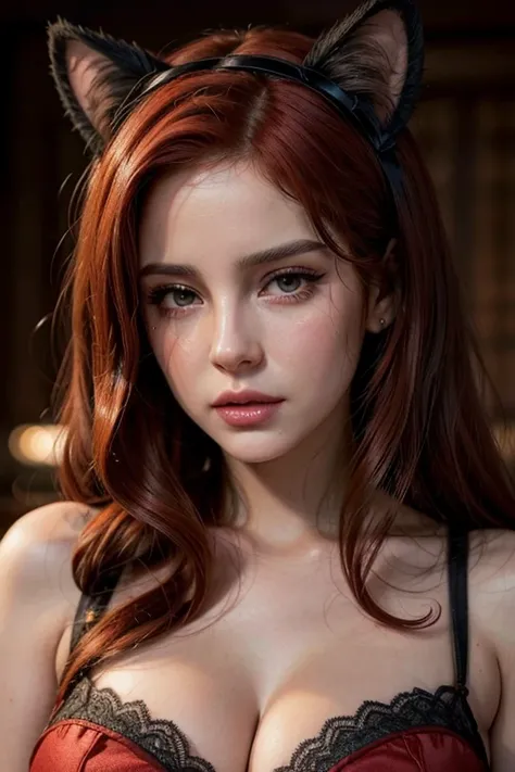 Very detailed, Erotic seductress Lana Del Rey with lace cat ears., crying, (busty, Red hair), focused on face, Focused face, intricate eyes,