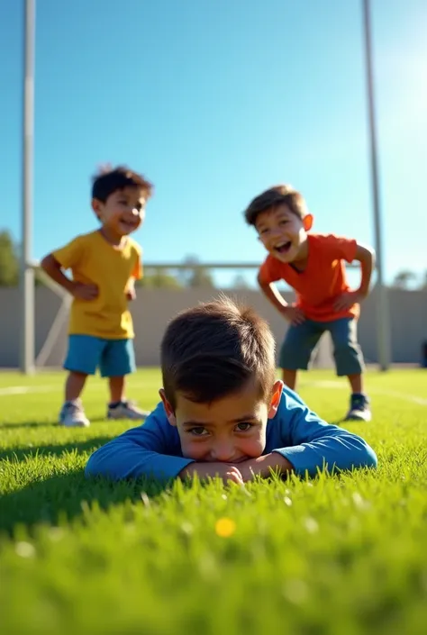 a soccer field with a sad boy on the floor wearing a blue shirt with the name Elias and 3 other kids making fun of him, one of them fat and the other one with a beard