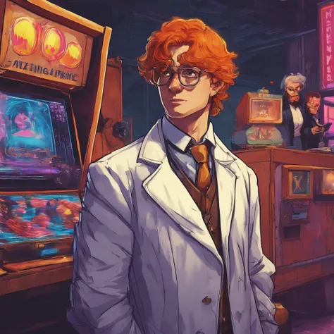 a 24 year old white man, 180cm tall, with orange hair, a slim face covered in freckles, wearing round glasses and a greyish-brown coat over a formal office shirt with a short tie, detailed facial features, realistic portrait, (best quality,4k,8k,highres,ma...