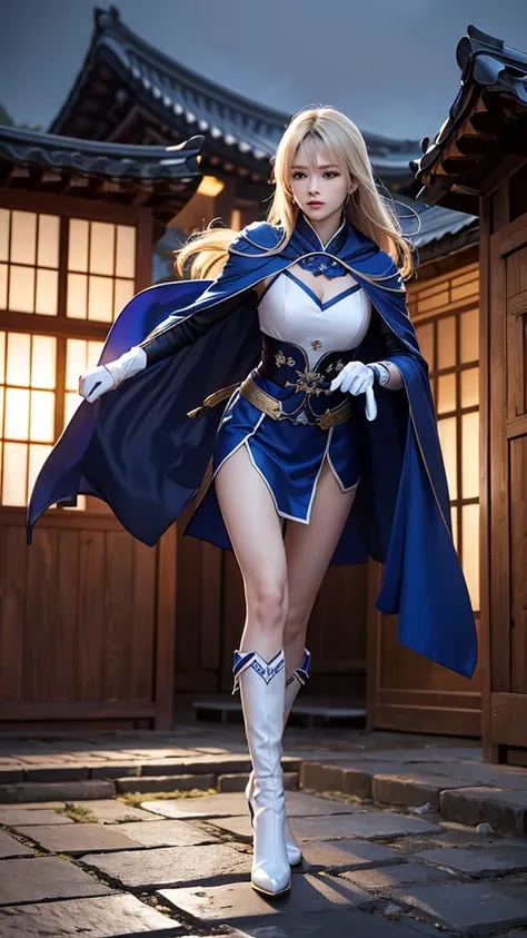 South korea assassin women mystery hooded on with modern royal Blue coat with long and wide sleeves with buttons and royal Blue cape and very high white heel over the knee and white gloves, As she reveals a small secret hidden blade coming from his palm , ...