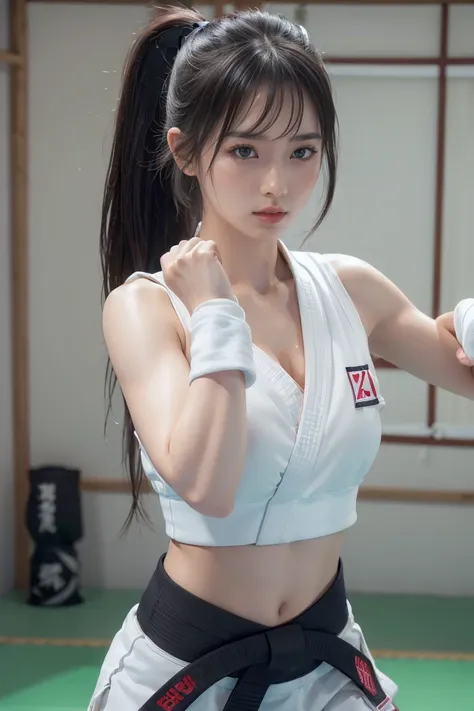 (I can see a sporty bra)、(((sexy Karate clothes, black belt)))、nsfw vibrator,girl trembling with sexual climaxFemale karateka with bangs and ponytail、Visible navel and lower chest、shiny skin、((shy face))、((Turn your face away))、((look sideways))、((face is ...