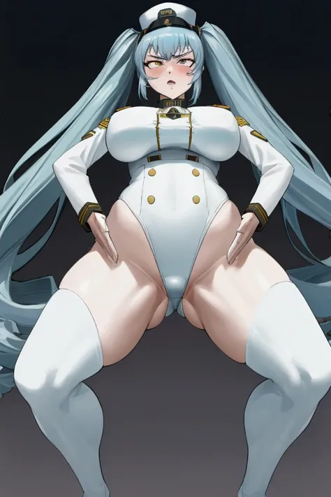 (privacy (NOD) ),(Light blue hair)、(Long twin tails)、(White tight military uniform),(White military cap)、(True to prompts)、(High Grade)、(Glaring with sharp eyes)、(Super arched foot)、(ahegao)、(Leg spread)、(Super big breasts),(Busy Street)、(Many people々々々々々々...