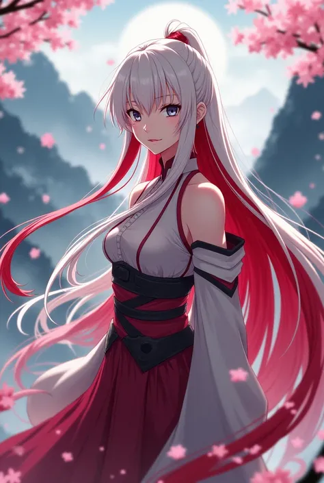 Woman, in the style of the anime Demon Slayer, white, red hair, long and loose. gray eyes, pink lips