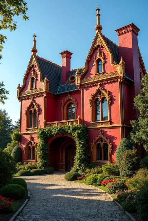 Red medieval style building with gold decorations